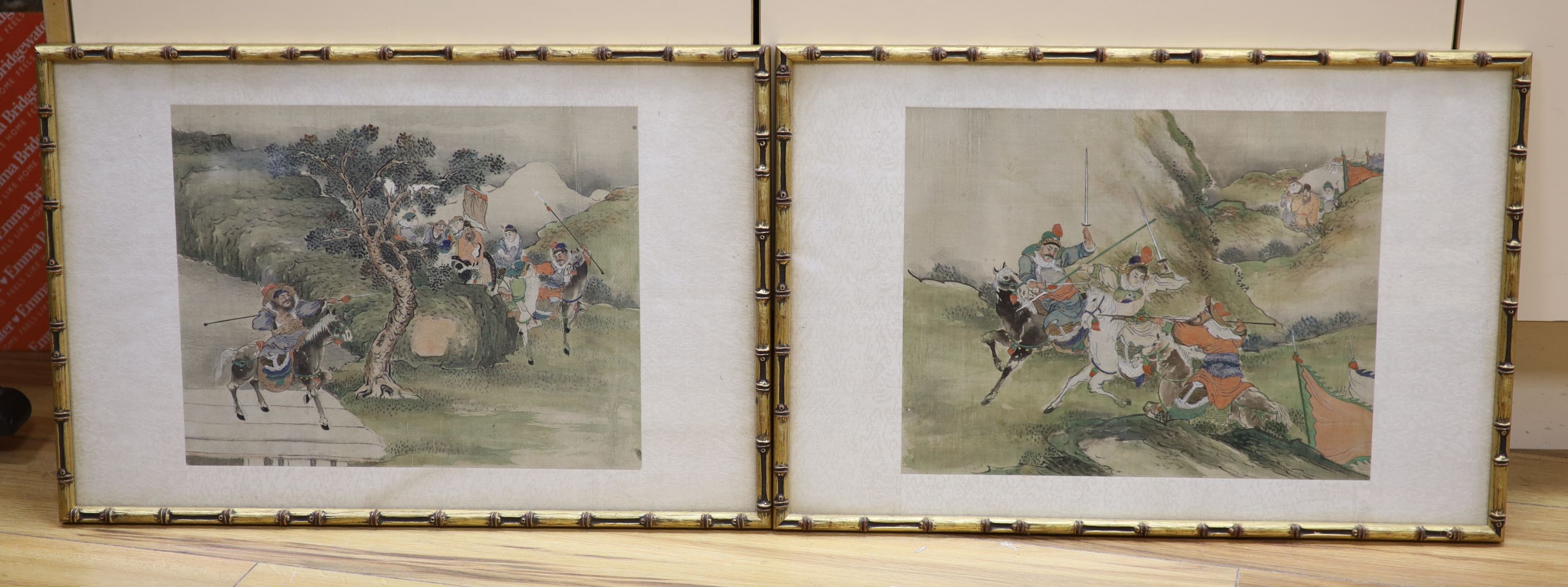 Two faux bamboo framed Japanese silk paintings